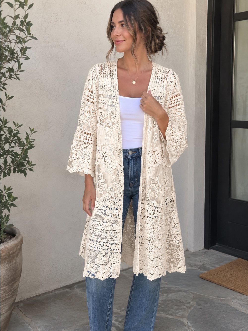 POL Boho Crochet Lace Cream Women’s Cardigan